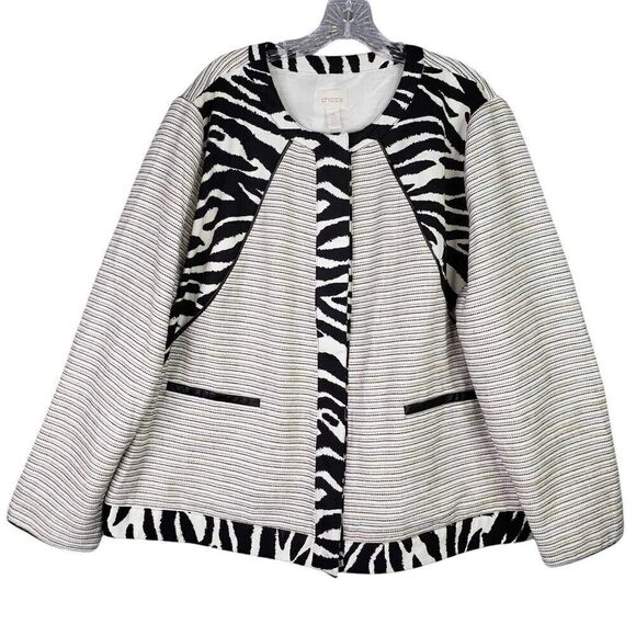 Chicos Women's Blazer Size 4 US XXL Black White Striped Animal Stretch - Picture 2 of 10